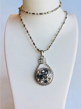Silver Necklace with Black and Dark Blue Accent Pendant